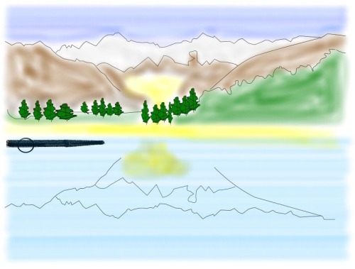 A drawing of a lake at dawn with sunlight reflecting off of its surface.
